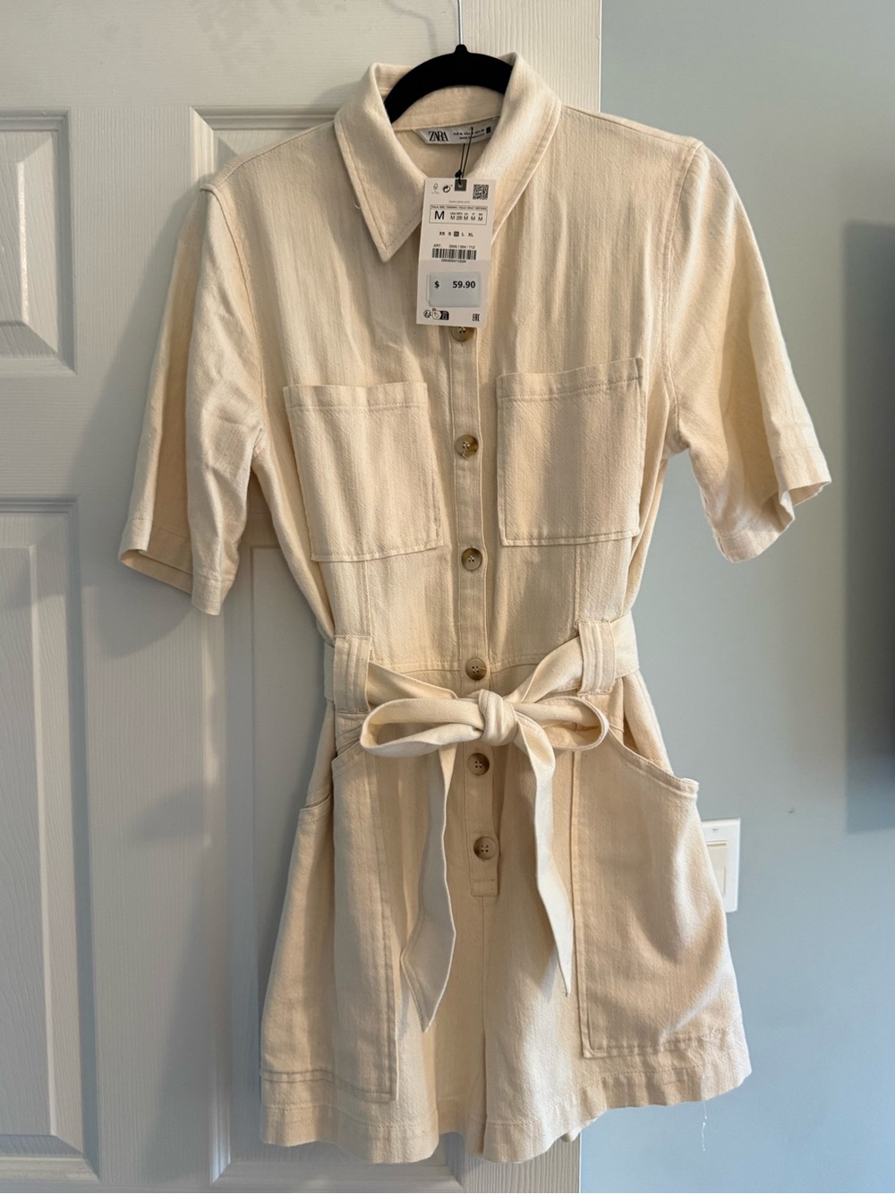 NWT Zara Cream Short-Sleeve Button Romper Dress with Tie Waist